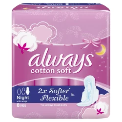 Always Cotton Soft Maxi Thick Long Night Sanitary Pads With Wings 8 Pads