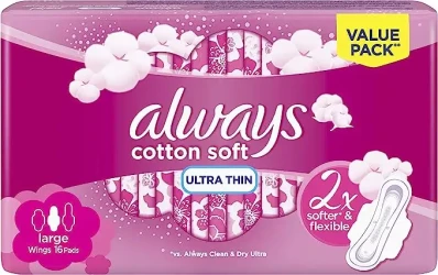 Always Premium Cotton Soft Large W Wings 16X10 Pads