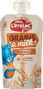 Cerelac Nestle Grains and Milk, 5 Cereals, Source Of Iron, Baby Food, Pouch, 110g