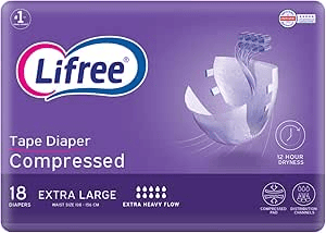 Lifree Compressed Adult Diaper Tape, XL Size, 8 Cup Absorbency, Jumbo Pack, 18 Pieces