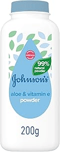 Johnson's Baby Aloe & Vitamin E Baby Powder, Cornstarch Formulation, 99% Plant-Based Powder, Soothes & Freshens Skin, Fresh Scent, Dermatologist Tested, Talc-Free, 200g