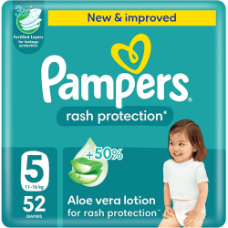 Pampers Rash Protection Taped Diapers, Size 5, 11-16 52Pieces