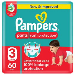 Pampers Rash Protection Pants Diapers, Size 3, 6-11 60Pieces