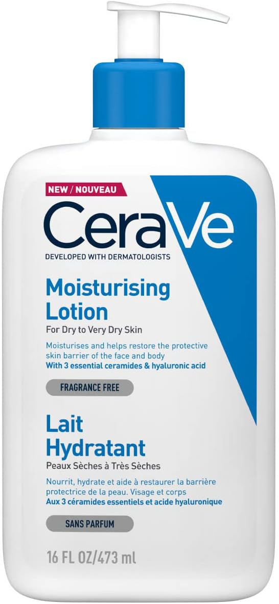 CeraVe Moisturizing Lotion 24H Body and Face Moisturizer for Normal to Dry Skin with Hyaluronic Acid and Ceramides Non-comedogenic, oil-free, Fragrance Free 473 ML