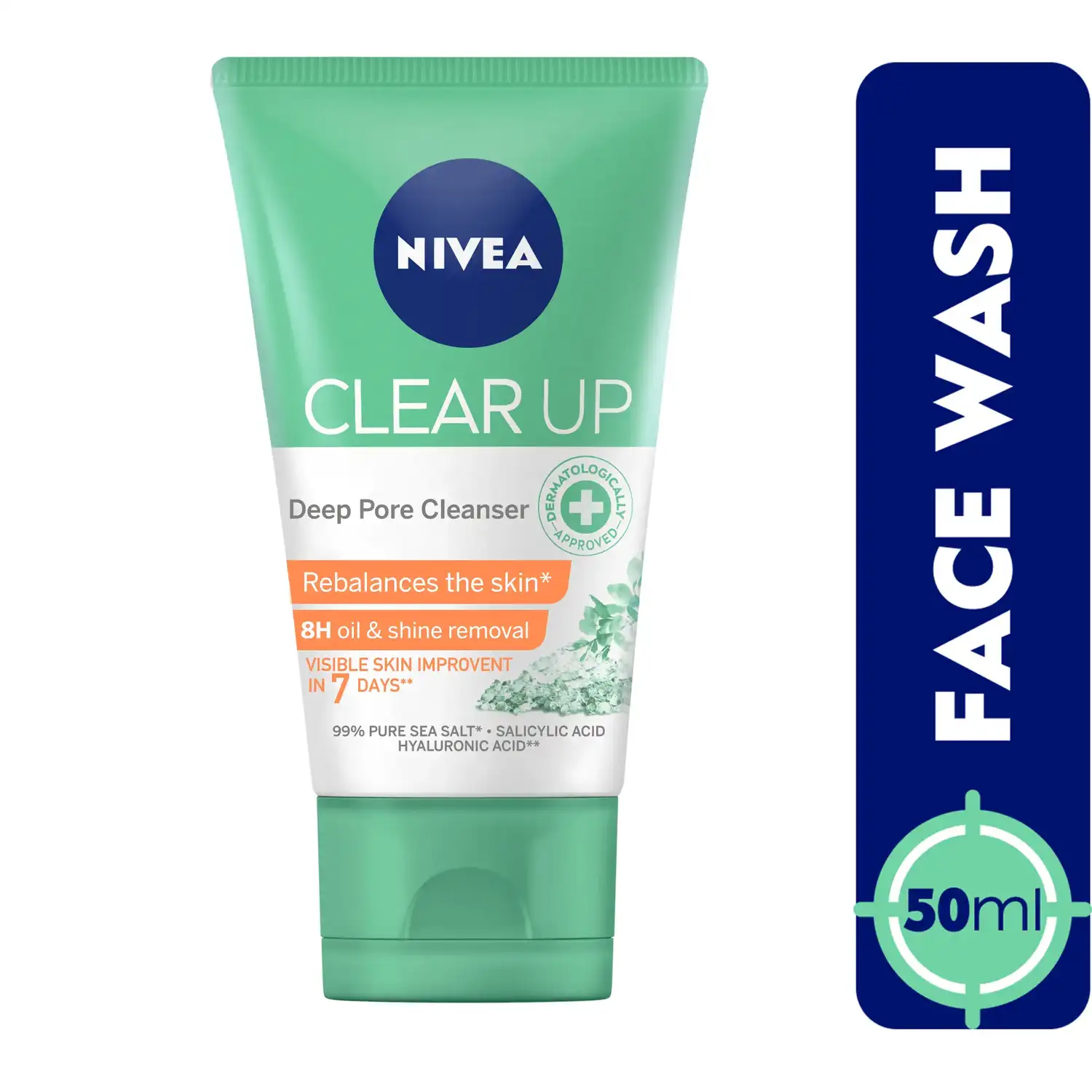 NIVEA Face Wash, Clear Up Deep Pore Cleanser with Sea Salt, Salicylic & Hyaluronic Acid, 50ml