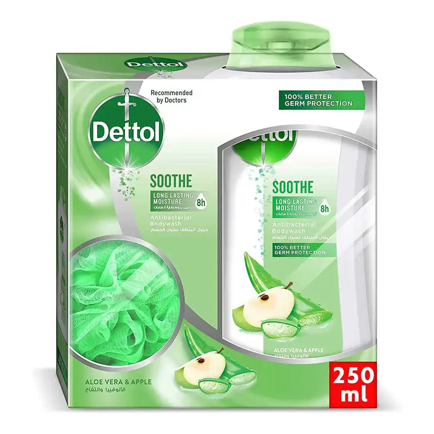 Dettol Body Wash Soothe Aloe and Apple 250 ML+Puff