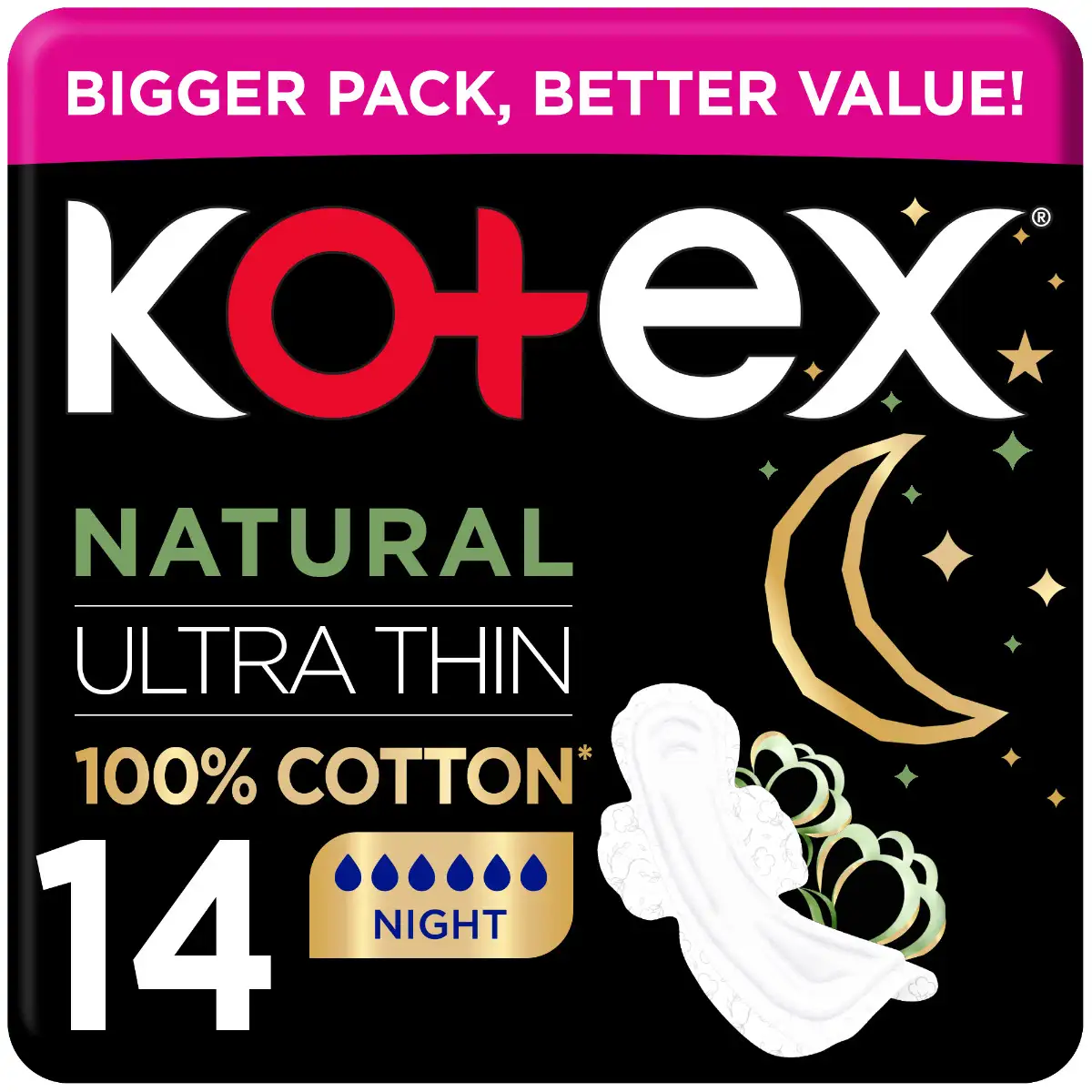 Kotex Natural Ultra Thin Pads 100% Cotton Pad Overnight Protection Sanitary Pads With Wings 14 Sanitary Pads