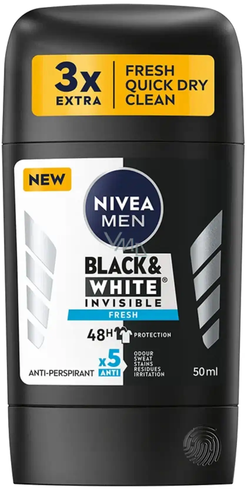 NIVEA Men Black & White Invisible Antiperspirant Deodorant Stick, Original, 72H Active Protection, 5IN1, Anti-Odour, Sweat, Stains, Residues & Irritation, 50ml