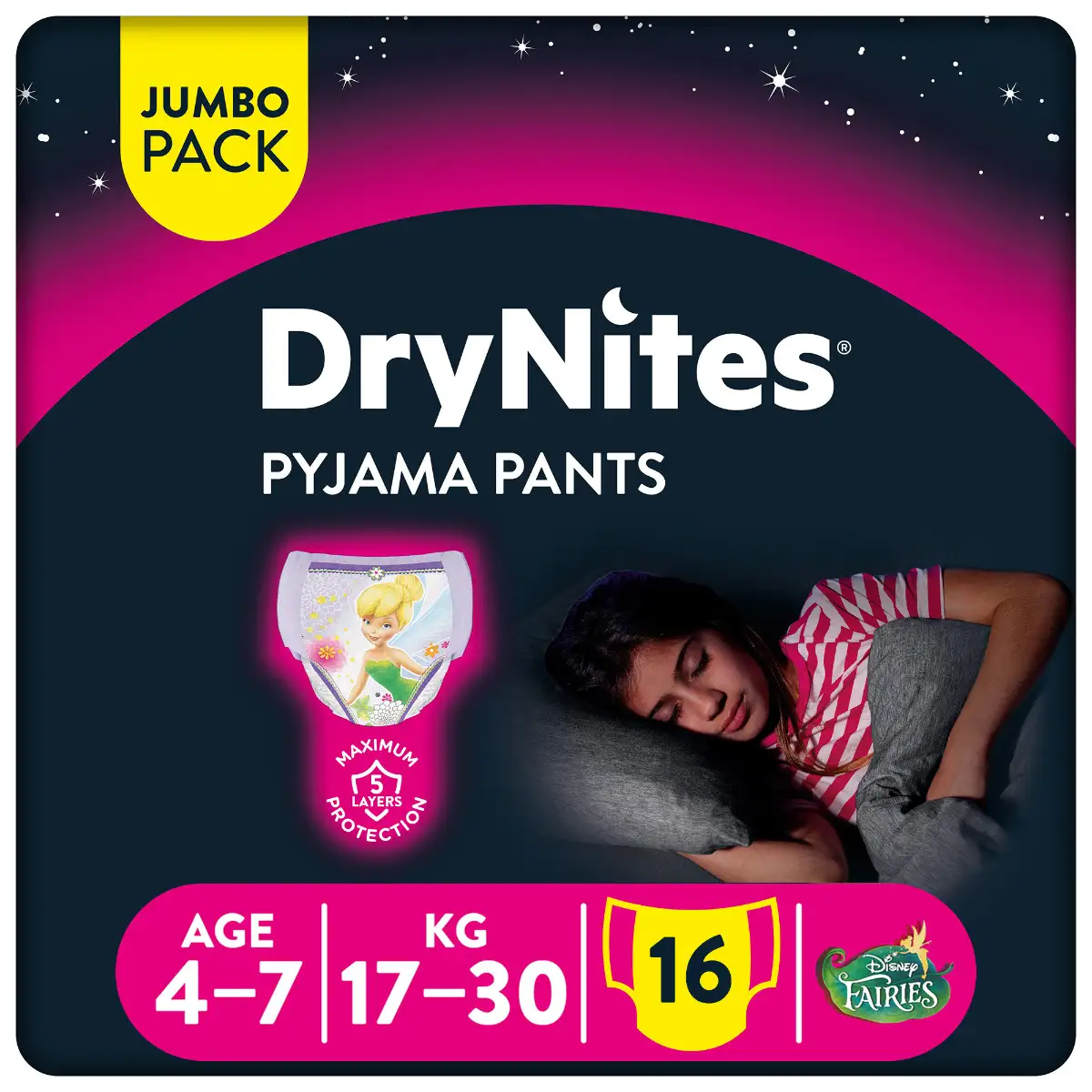 Huggies Drynites Pyjama Pants 4-7 Years Bed Wetting Diaper Girls 17-30 Kg Value Pack 16 Pants