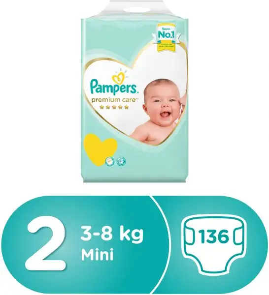 Pampers Premium Care Diapers Size 2 Mini 3-8 Kg Super Saver Pack 136 Diapers