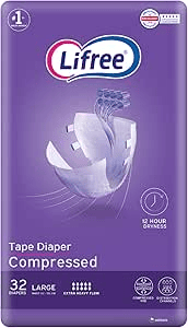 Lifree Compressed Adult Diaper Tape, Large Size, 8 Cup Absorbency, Mega Pack, 32 Pieces